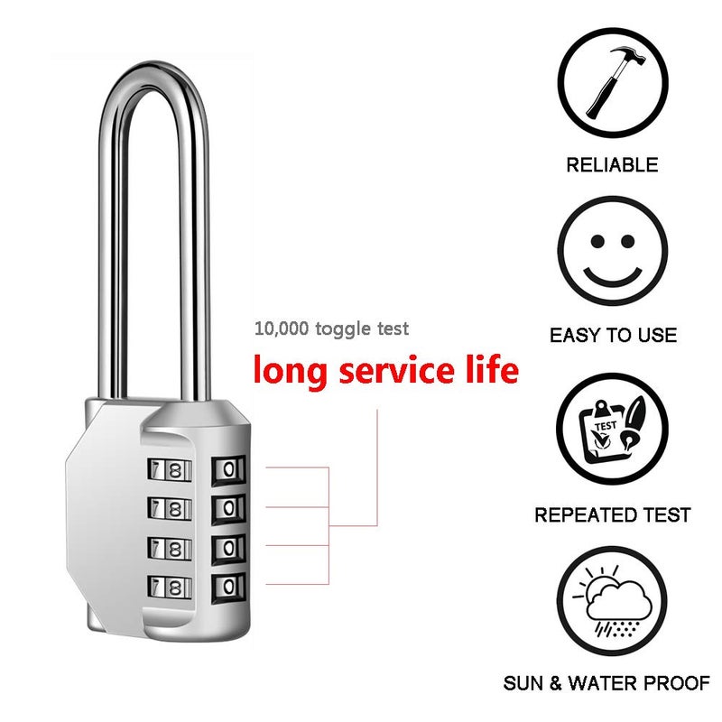 Disecu 2 Pack disecu 2.6 Inch Long Shackle Combination Lock, 4 Digit Outdoor Waterproof Padlock for School Gym Locker, Sports Locker, Storage Unit, Gate, Fence, Toolbox, Cabinet (Silver) - Image 3
